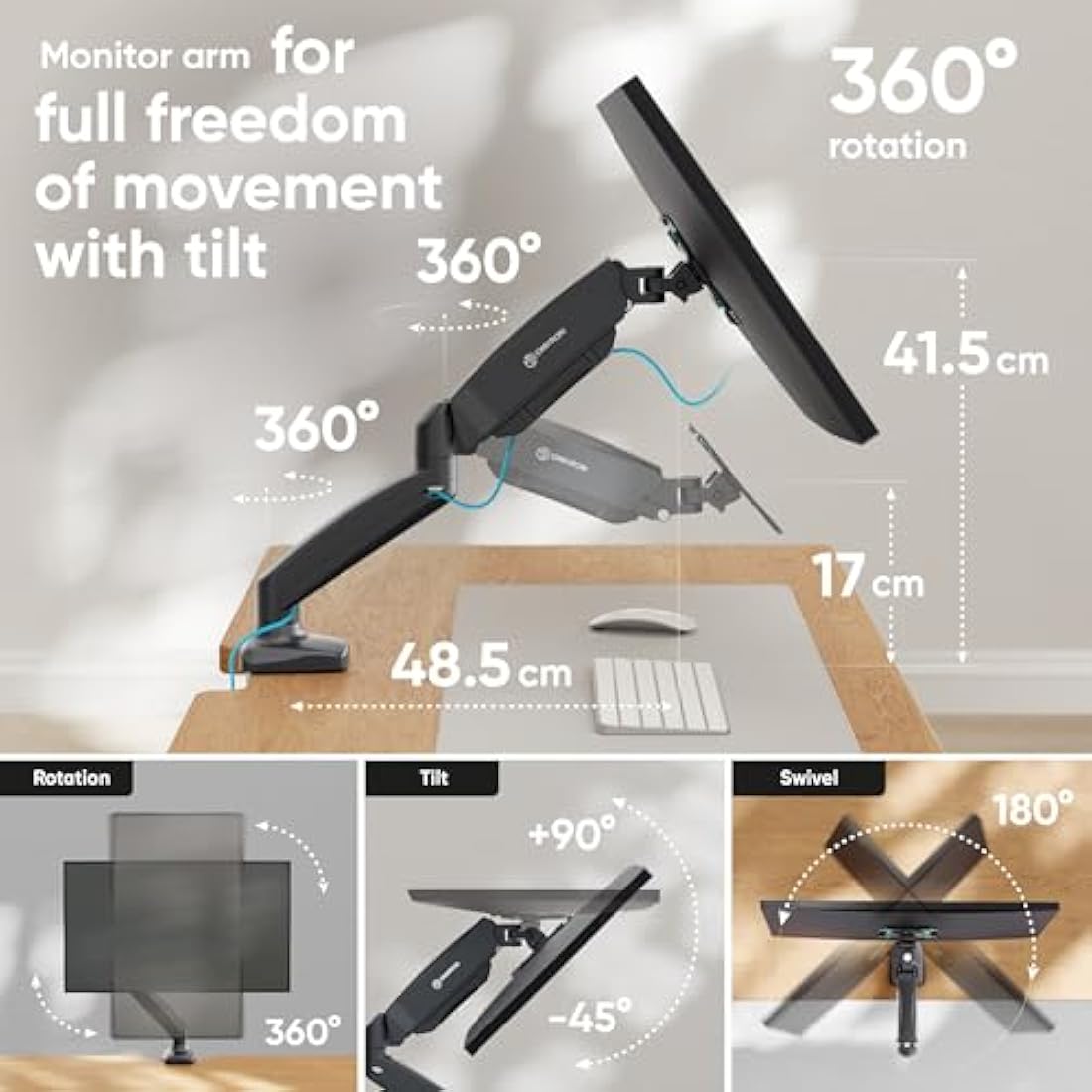 ONKRON Single Monitor Arm Desk Mount for 13-32 Inch Screen up to 8 kg, Gas Spring Monitor Stand for Desk with VESA 75x75 - VESA 100x100 - Screen Mount Desk Full Motion Black, G80-B