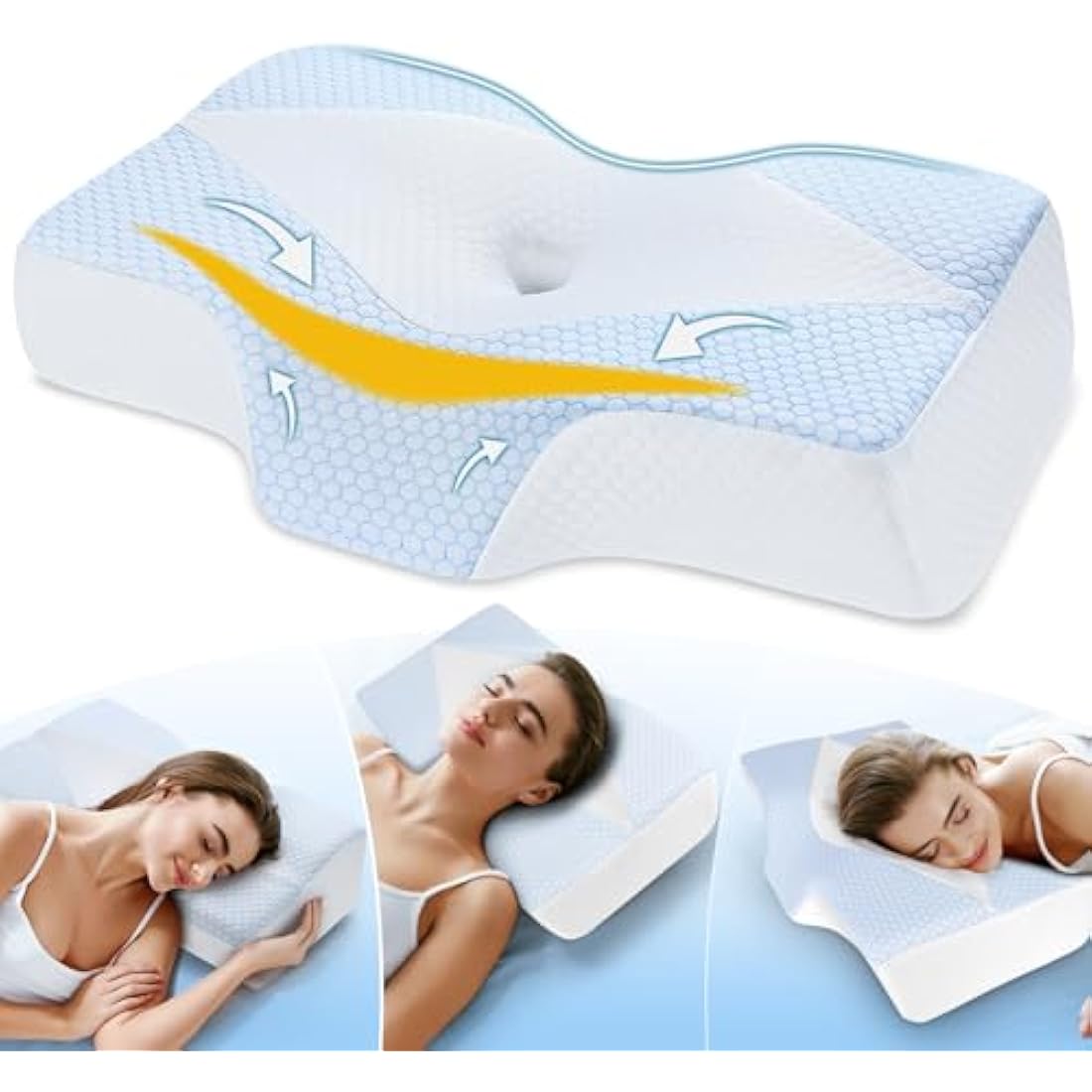 Memory Foam Neck Support Pillow for Neck and Shoulder Pain Sleeping with Cooling Pillowcase: Ergonomic Cervical Pillow 5X Pain Relief - Contour Bed Bolster Pillows for Side Back Stomach Sleepers