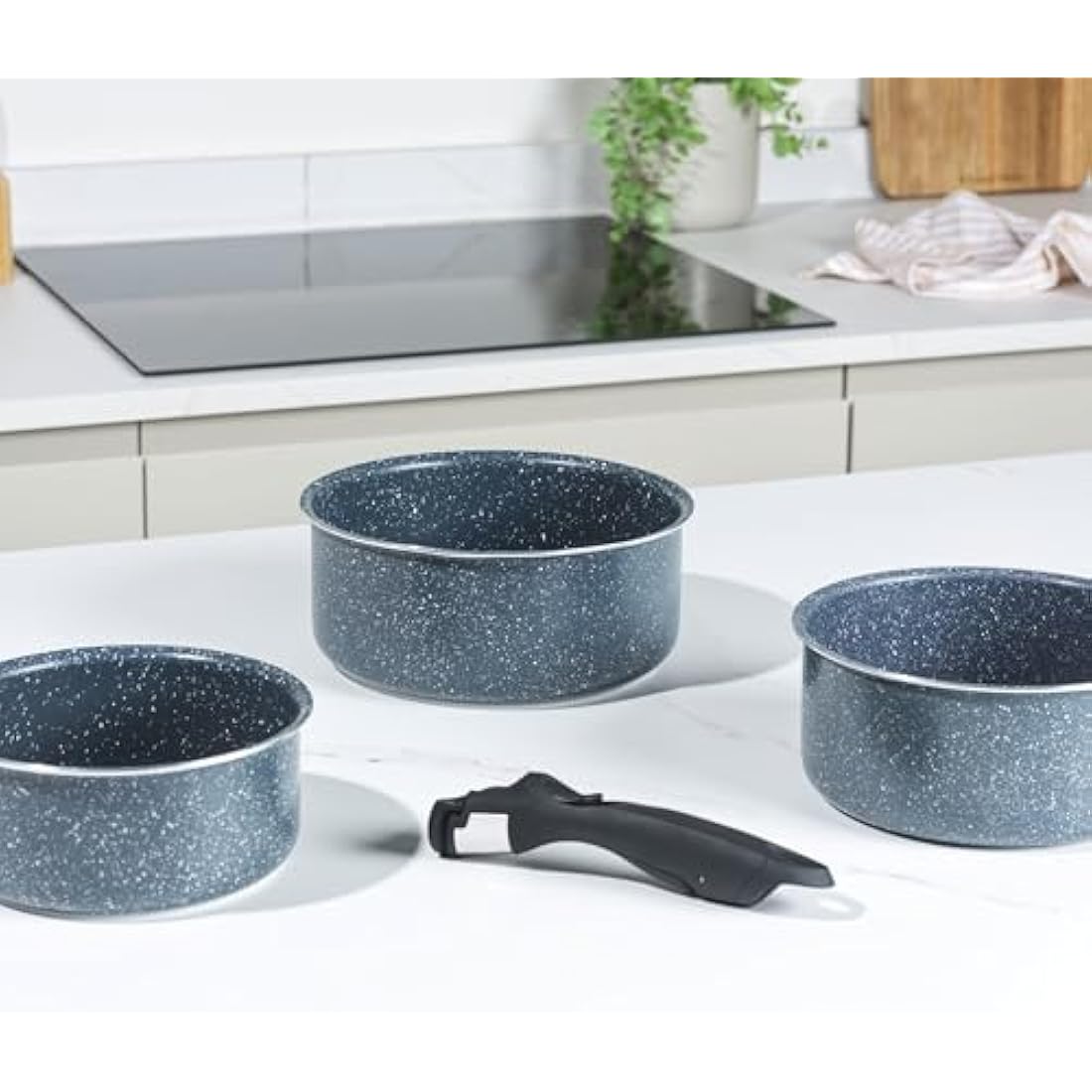 Russell Hobbs Nightfall Stone Saucepan Set – Smart Clip Non-Stick Pans, 16cm, 18cm, 20cm, Stay Cool Detachable Handle, Oven to Hob to Table Cooking, Space Saving Stackable Cookware, RH03294EU7