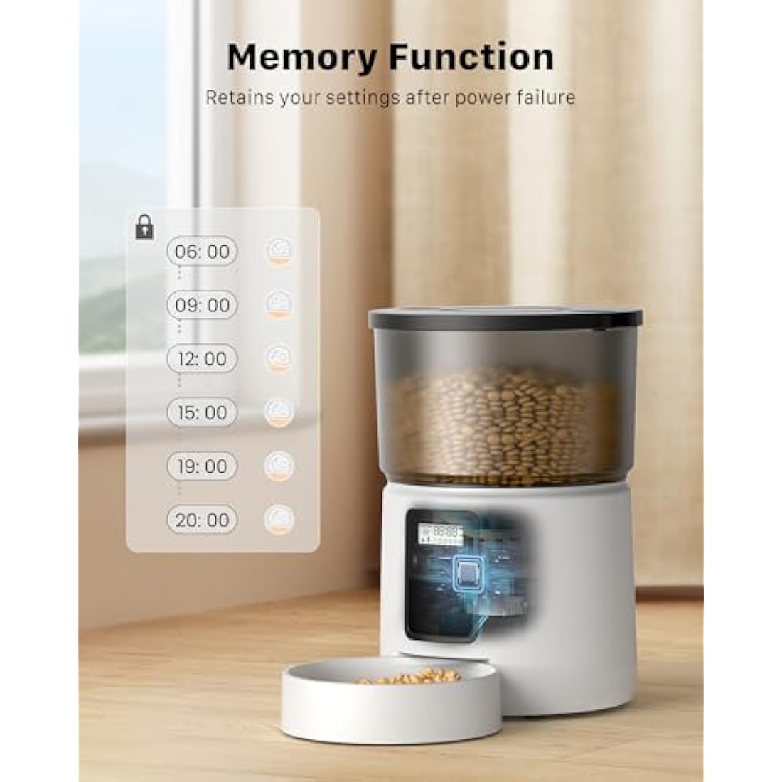 BEMOONY Automatic Cat & Dog Feeder, 5L Food Dispenser with 1-6 Meals, Customized Schedule, Dual Power, Double Lock, 10s Voice Reminder, White