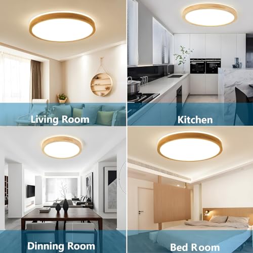 YYUTLUO LED Ceiling Light Wood, Top 360 Glow Round Natural Wooden Lamp | Dimmable with Remote Control 2700K-6500K, 30W | Living Room, Dining Room,