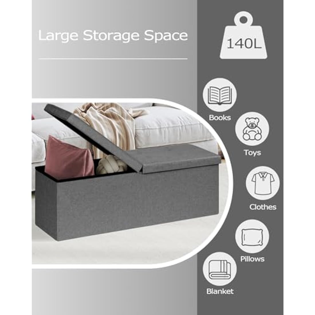 Bonlife Extra Large Folding Ottoman Storage Box,Linen Toy Storage Chest,Window Seat with Storage Trunk,End of Bed Bench,Grey 110x38x38cm