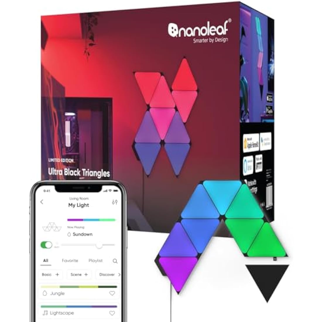 Nanoleaf Shapes Ultra Black Triangle Starter Kit, 9 Smart Light Panels LED RGBW - Modular Wi-Fi Colour Changing Wall Lights, Works with Alexa Google Assistant Apple Homekit, for Room Decor & Gaming