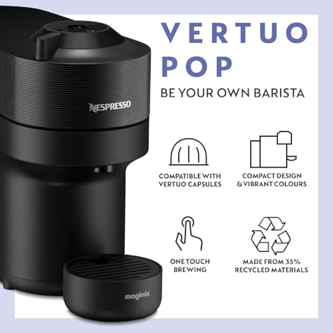 Nespresso Vertuo Pop Barista Coffee Machine Bundle by De'Longhi, Compact Footprint, Starter Kit Includes Coffee Capsules, Mugs, Milk Frother And Spoons, ENV90.B+Caps
