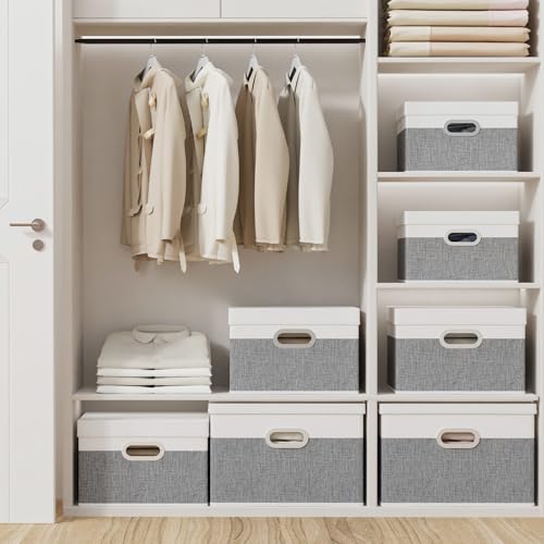 Yawinhe Large Storage Box with Lid 3 Pack, Collapsible Cubes Baskets, for Cupboards, Wardrobe, Shelves, 44x30x30cm, White/Grey, SNK023WGX-3
