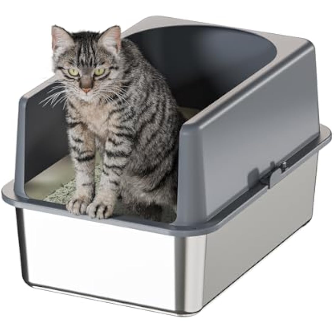 Bsadne High-Sided Stainless Steel Cat Litter Box with Lid, Medium, Easy-to-Clean Metal Litter Pan for Cats (20" L x 14" W x 12" H with Enclosure)