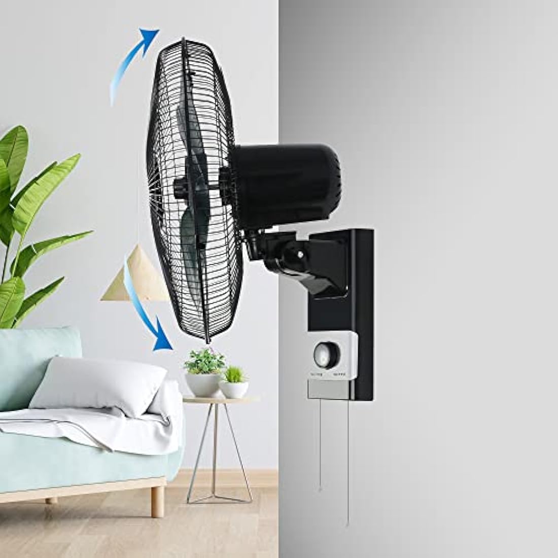 Belaco Wall Fan 16 Inch Wall Mounted 3 Speed Mode Oscillation Fan Tilt Head Easy Install High Airflow 55w Cooler for Summer, Black/Silver