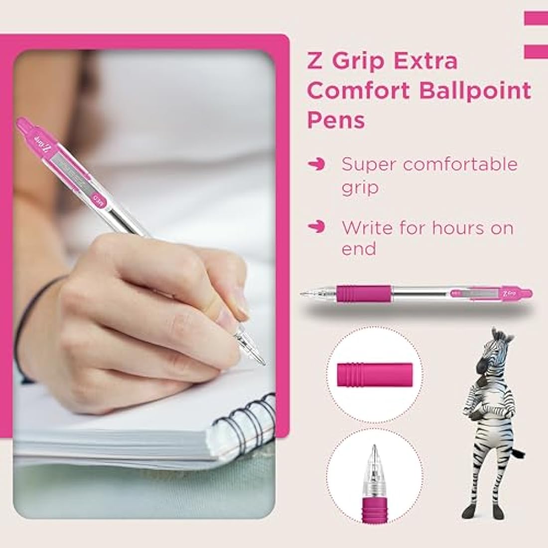 Zebra Pen Z Grip Pink Pens Ballpoint, Smooth & Comfortable Pens with Pocket Clip, Retractable Ballpoint Pens with Pink Ink, Reliable Biro Pens Multipack for Everyday Use - Medium Point, 12pk