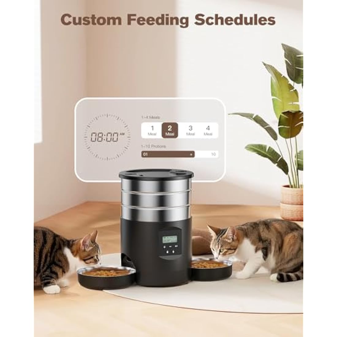 Automatic Cat Feeder For 2 Cats - Stainless Steel Cat Food Dispenser for Fresh Dry Food with Timer - 5L Electric Pet Feeder with Double Bowls Indoor- Auto Small Dog Feeder Dual Power - Button Control