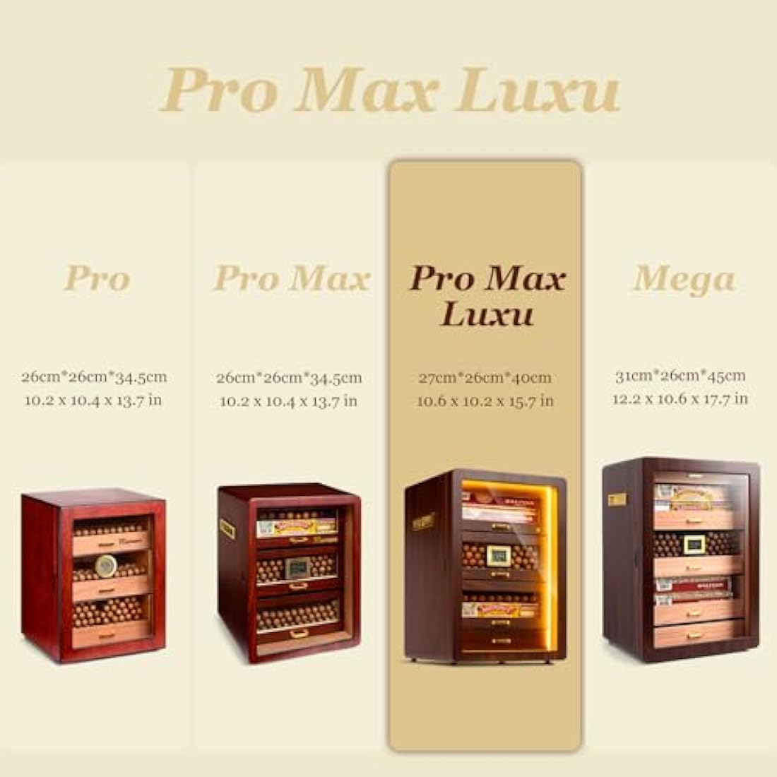 Desktop Humidor Cabinet Triple-Sided Light with Digital Hygrometer, Humidifier and Humidity Packs. 4 Ceder Wood Drawers, Humidor Box can Hold 200 Cigars. Present for Men