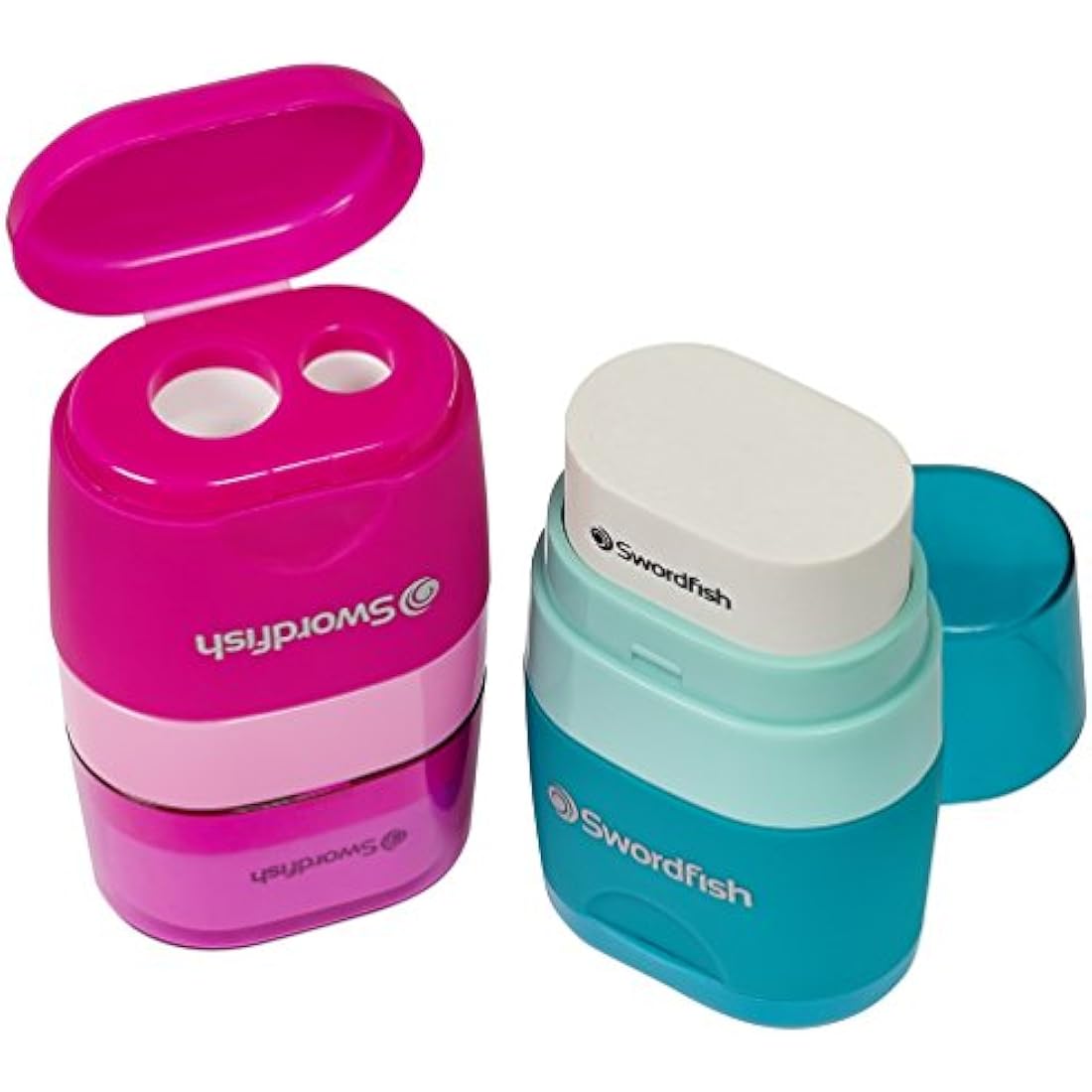 Swordfish ‘Twin Combo’ Double-Hole Pencil Sharpener and Eraser [Pack of 20] Assorted Colours [40295]