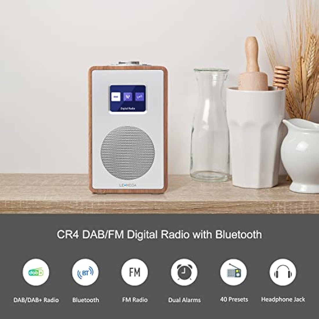 LEMEGA CR4 DAB/DAB+/FM Digital Radio with Bluetooth,Portable DAB Radio with Mains Powered,Dual Alarms Clock with Snooze,Colour Display,Wooden Effect - Walnut