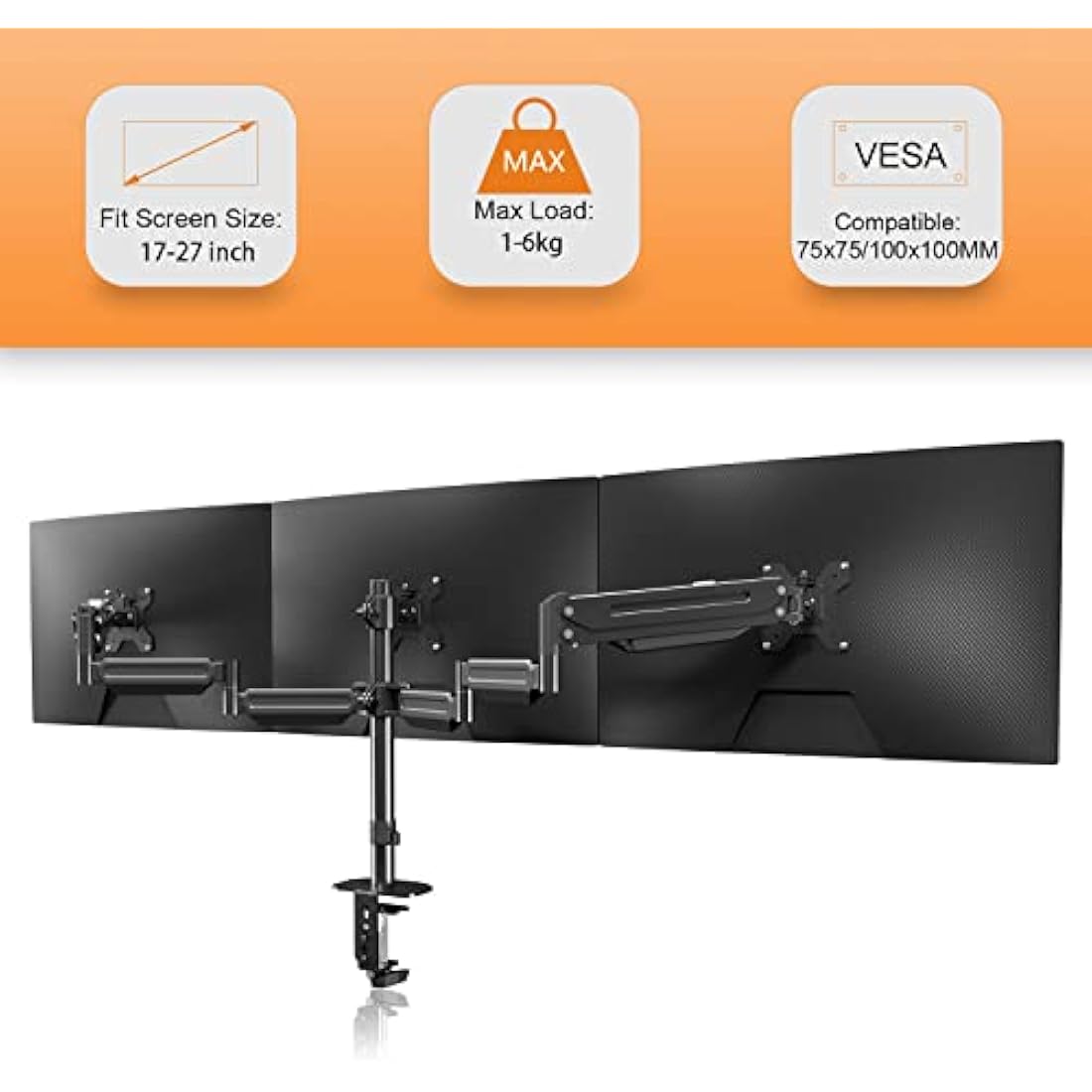 Triple Monitor Mount Stand for 3 Monitors, Adjustable Gas Spring Monitor Arm Desk Mount with Tilt Swivel Rotation for Three 17-27 inch Screens up to 6kg Each, 2 Install Options (MD8003)