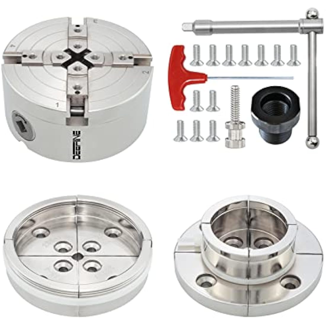 DEEFIINE 4 Inch Wood Lathe Chuck Set 1" x 8 tpi Thread & 3/4" x16TPI Adapter, Nickel Plated Self Centering 4 Jaw Wood Turning Chuck Set (2PCS Jaws)