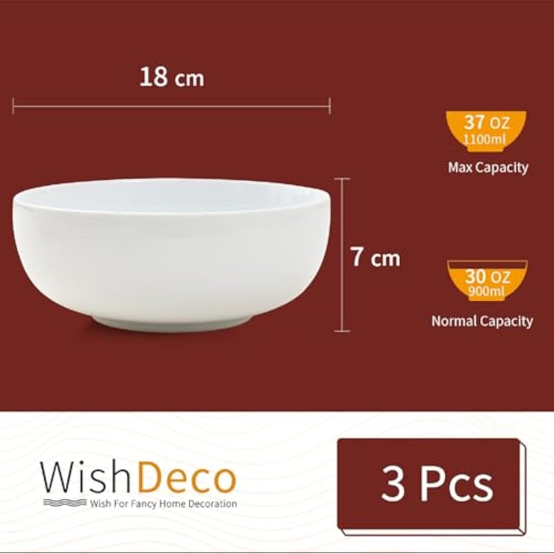 WishDeco Large Soup Bowls Set of 3, Ceramic Salad Bowls 1100ml, White Pasta Bowl, Serving Bowl for Noodle Ramen, Fruit, Dessert, Cereal
