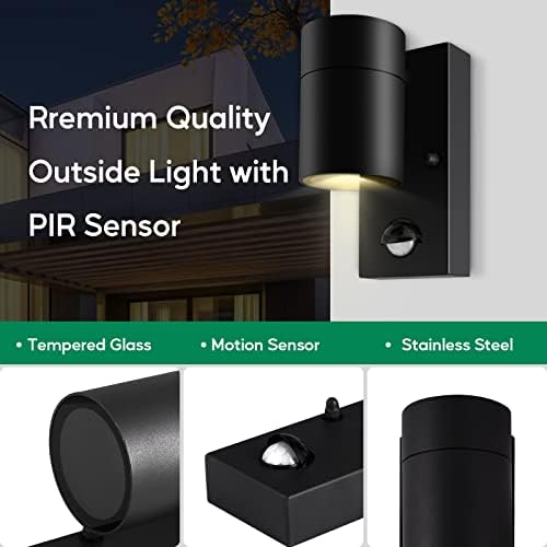 Kerry Outdoor Motion Sensor Wall Lights, Downward Outside Lighting Mains Powered, IP44 Black Stainless Steel Downlight, Exterior PIR Detector Security Fixture for Front Door, Porch, Garden - 2 Pack