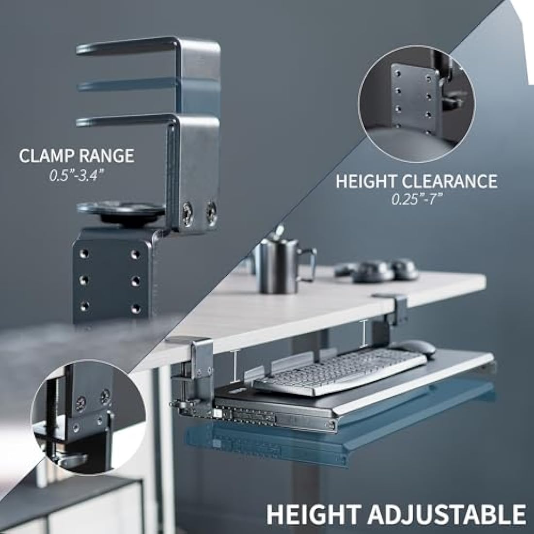 VIVO Large Height Adjustable Under Desk Keyboard Tray, C-clamp Mount System, 27 (33 Including Clamps) x 11 inch Slide-Out Platform Computer Drawer for Typing, Black, MOUNT-KB05HB