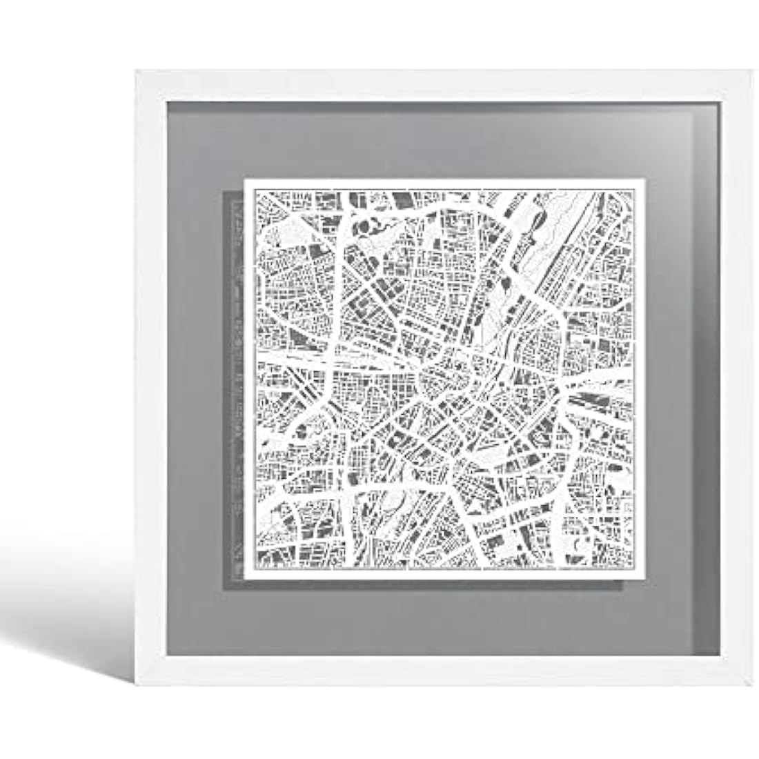 O3 DESIGN STUDIO Munich Marco de Papel para mapas, White map, White frame, 9x9 inches, Gift Boxed, 4 background color, self-changing, Paper Art