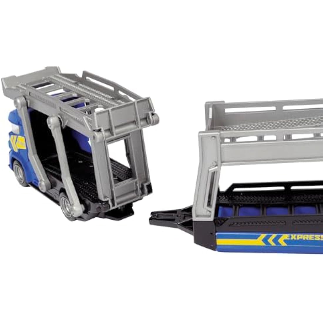 Majorette Car Carrier 2-asst - Free-wheeling car transporter with three die-cast toy cars - included in the set. - 28cm long