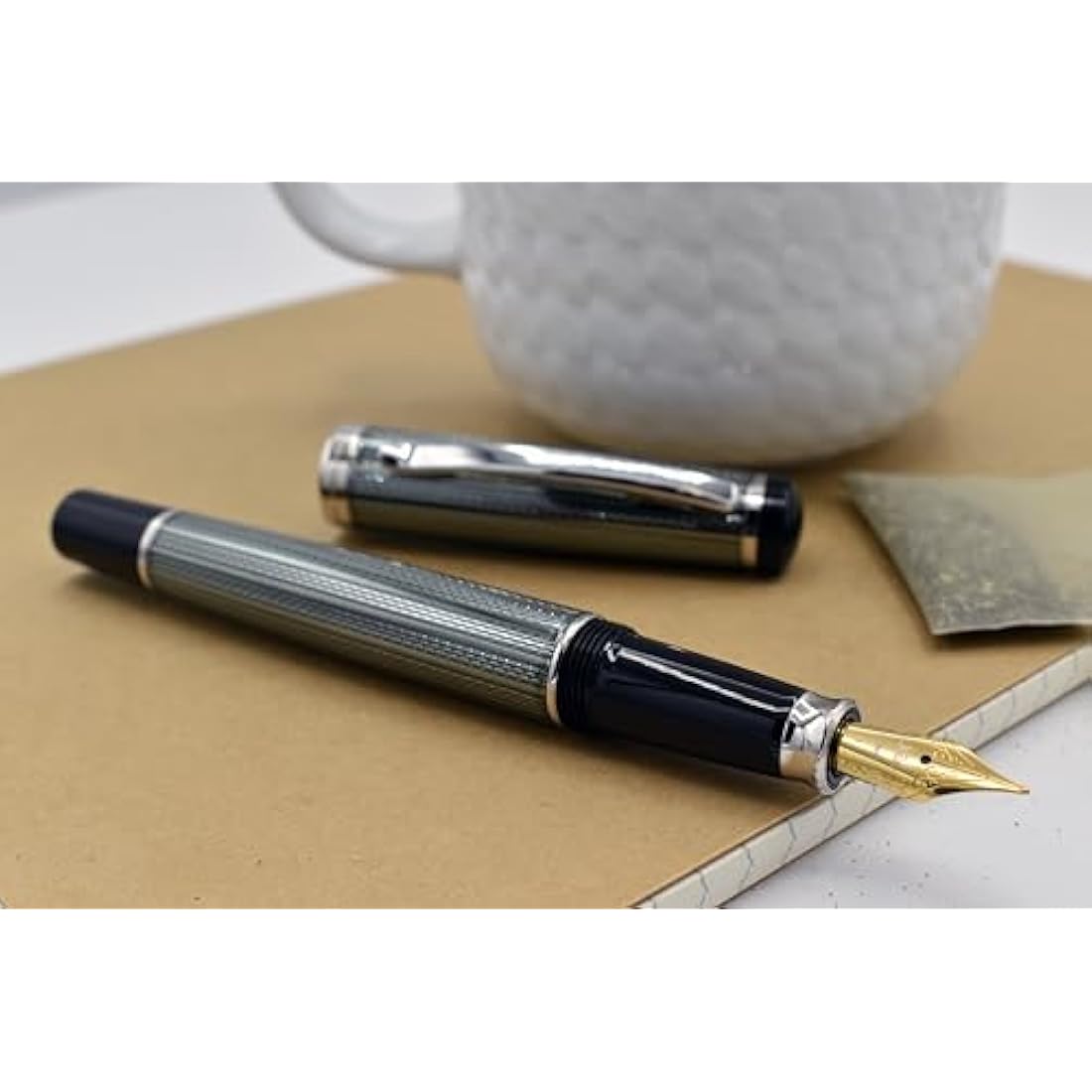Xezo Incognito Fountain Pen, Medium Nib. Zinc Green Layered Lacquer with Pure Platinum Plating. Handcrafted, Limited Edition, Serialized
