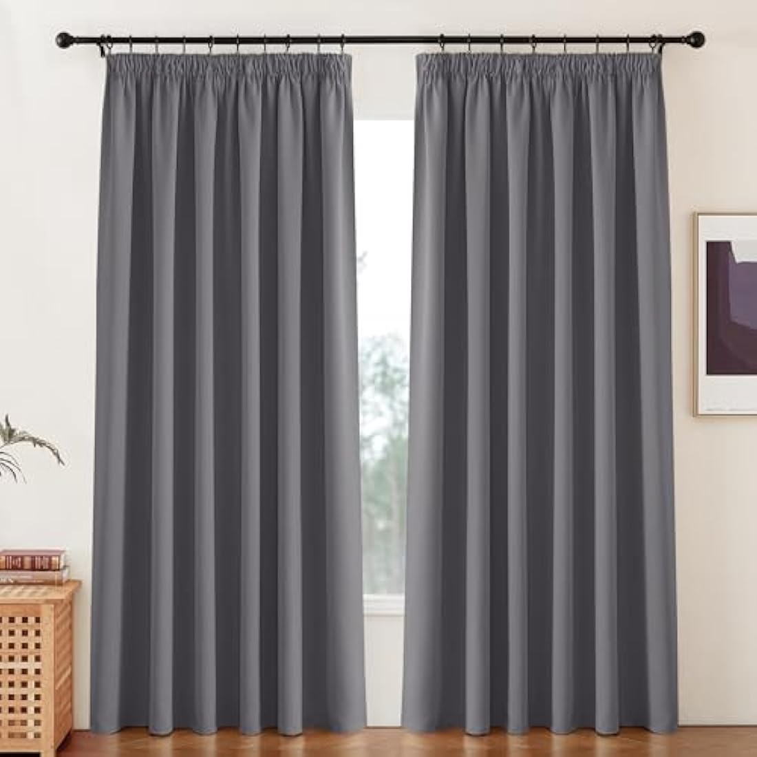PONY DANCE Extra Wide Curtains Pencil Pleat - Grey Thermal Curtains 90x90 Blackout Curtains for Living Room Room Divider Curtains Decoration Room Windows, Double Pieces, W90 X L90, Grey