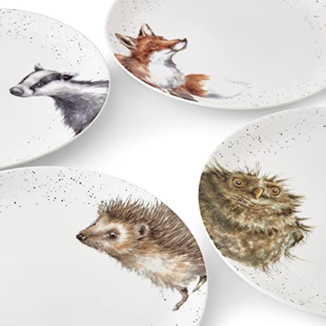 Wrendale Designs Royal Worcester Ceramic Plate in Two Sizes Hedgehog Badger Fox and Owl Set of 4 (26 CM Dinner Plate)