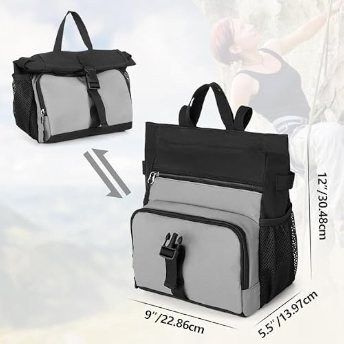 PGmoon Chalk Bucket for Climbing & Bouldering, Chalk Bag Pot with 2 Zippered Pockets, 2 Side Pockets & 4 Brush Holders.