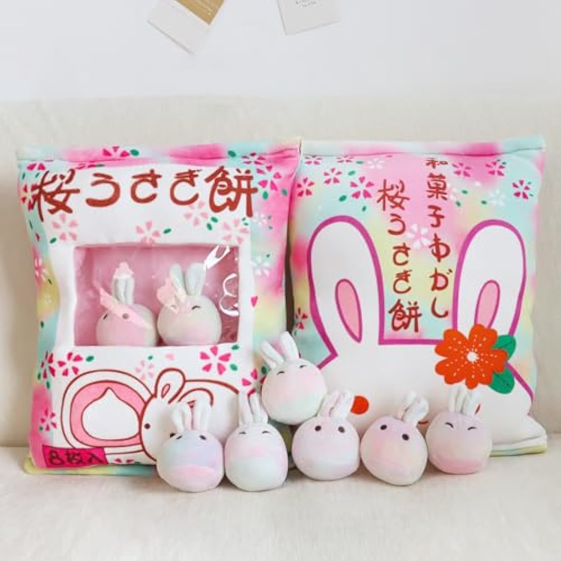 HXPLN Cute Snack Pillow Bunny Plush Pillow, Kawaii Rabbit Pudding Pillow with Bunny Dolls, Removable Stuffed Animal Toys Creative Gift for Kids, Girls, Boys (6 Colorful Bunnies)