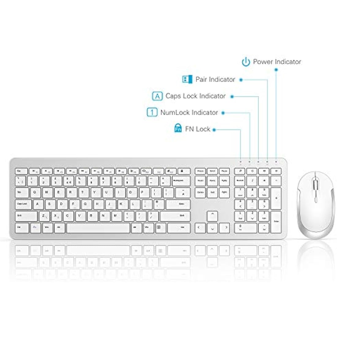 seenda Wireless Keyboard and Mouse Set, SK38 Ultra Slim Quiet USB Wireless Keyboard and Mouse Full Size QWERTY UK Layout with Numeric Keypad for Windows PC, Laptop, Computer, White and Silver