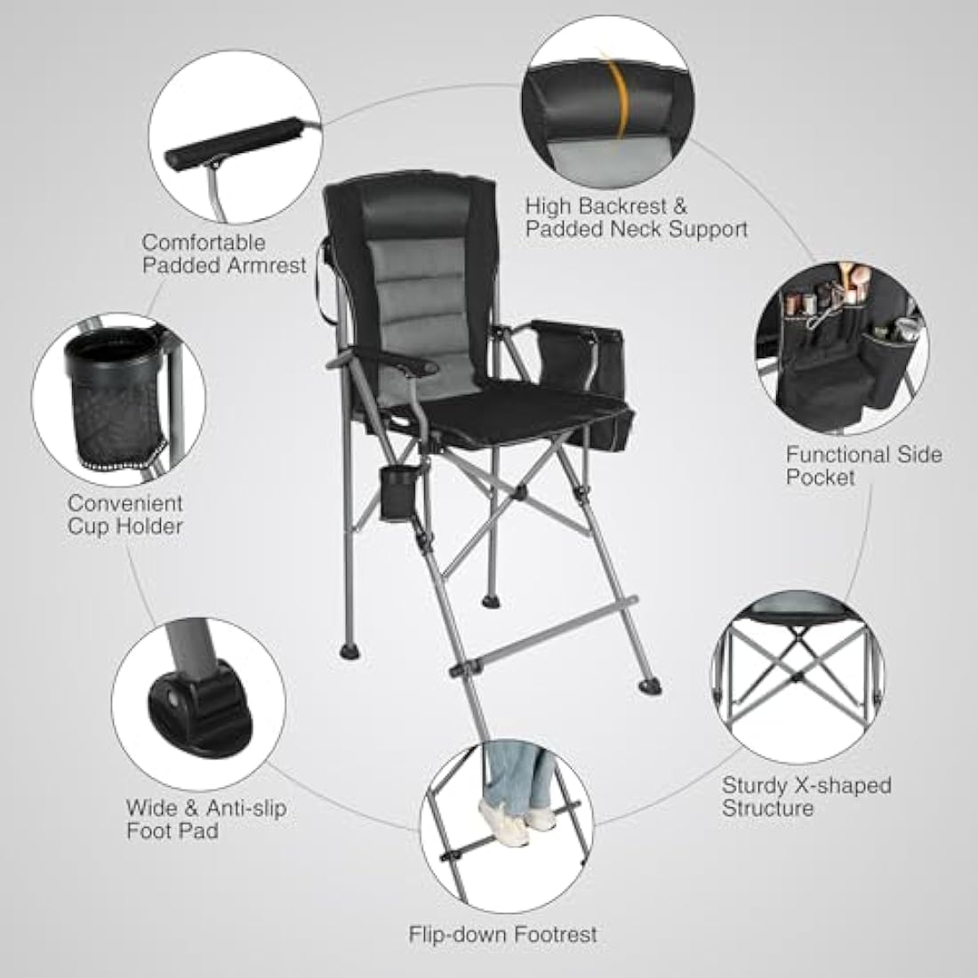 REDCAMP Tall Folding Chair with Footrest, Portable Artist Makeup Chair with Storage Side Bags, High Directors Chair for Camping, Heavy Duty Supports 300 lbs(Black gray)