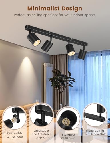 Spotlights Ceiling Lights GU10, Matt Black LED Ceiling Spotlight Bar 4 Way, Rotatable Modern Ceiling Spot Light Indoor, GU10 Ceiling Light Fitting for Kitchen Hallway Living Room, Bulb not Included
