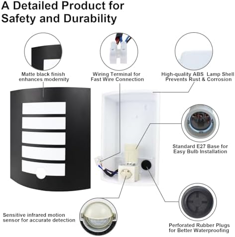 Allesgute Outdoor Wall Lights with PIR Motion Sensor, Curved Outside Lights Mains Powered Black IP44 Waterproof Wall Lamp Incl.E27 LED Bulbs 12W Warm White for Front Door Porch Stairway