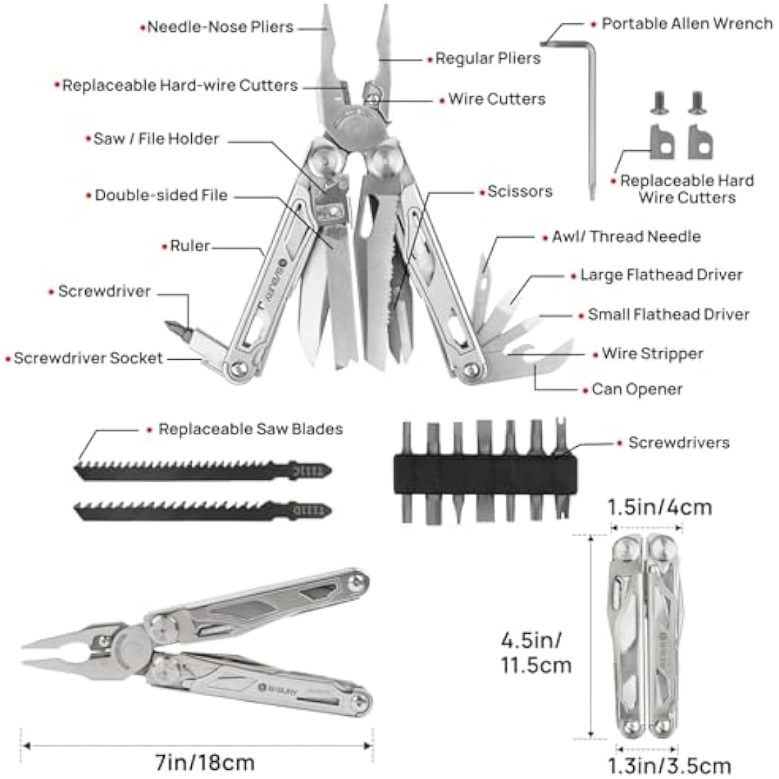 BIBURY Multitools, Multi Tool Foldable Pliers with Upgraded Scissors and Screwdriver Set, Stainless Steel Multitools with Nylon Pouch, Ideal for Camping, Outdoor, Repairing - Gift for Dad Men - Pro