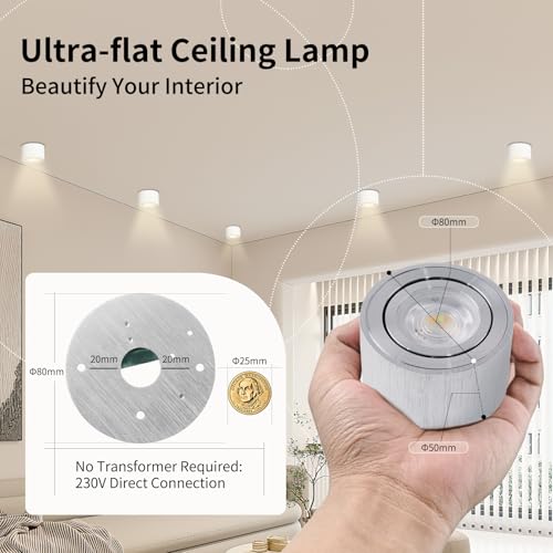 GeyouLux Dimmable LED Spotlight with Adjustable Projection, 5 W Ceiling Spotlights, Diameter 80 x 50 mm, 3000 K/4000 K/6500 K, 30 Rotation Bathroom