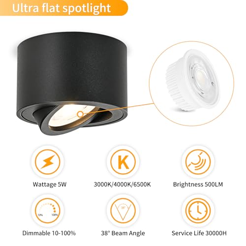 GeyouLux Dimmable LED Adjustable Projection Spotlight, 5 W Ceiling Spotlights, Diameter 80 x 50 mm, 3000 K/4000 K/6500 K, 30 Rotation Bathroom