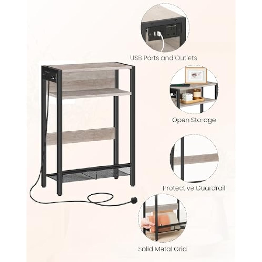 CHOEZON Side Table with Charging Station, Narrow End Table, Slim Nightstand for Small Space, Skinny Beside Table with Storage, for Living Room, Bedroom, Greige and Black DTBZ05KBH