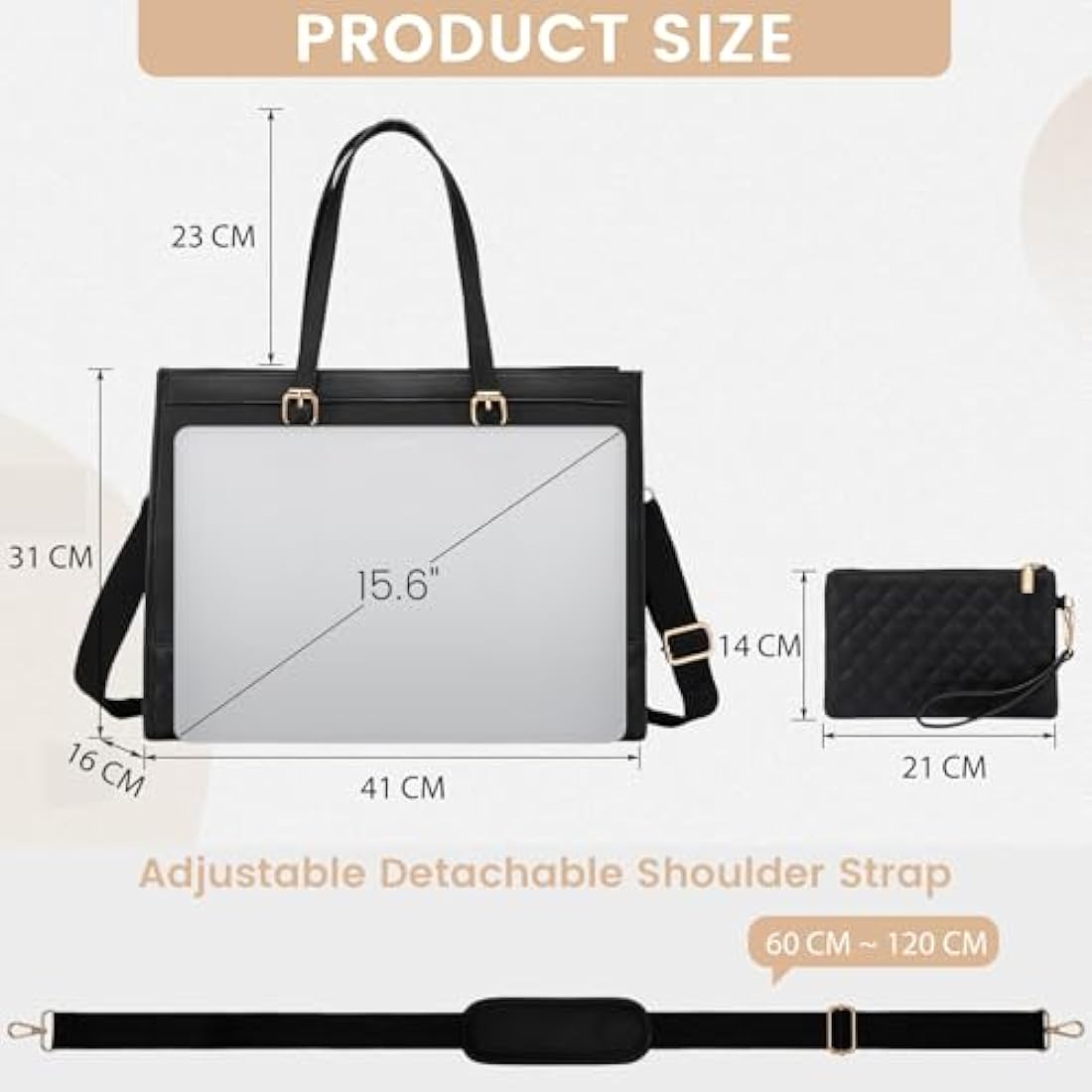 LOVEVOOK Laptop Bags for Women 15.6 Inch, Ladies Handbags for Work Business, Womens Large Tote Bag, Leather Shoulder Bag with Clutch Lightweight for Office Business School College Shopping, Black