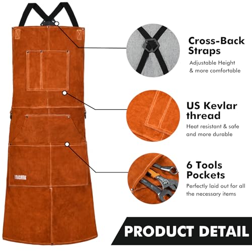 Leather Welding Work Apron - Heat Resistant & Flame Resistant Bib Apron, Flame Retardant Heavy Duty BBQ, Adjustable One Size Fit Most