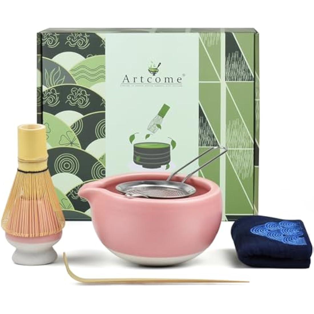Artcome 7 Pcs Complete Matcha Tea Ceremony Kit - Bowl, Whisk, Scoop, Strainer, Powder, Set for Usucha, Koicha, Latte (Pink)