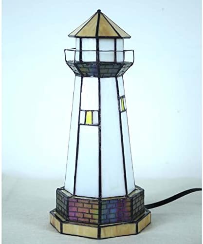 Bieye L30626 Lighthouse Tiffany Style Stained Glass Accent Table Lamp Night Light, 6" W x 12" H