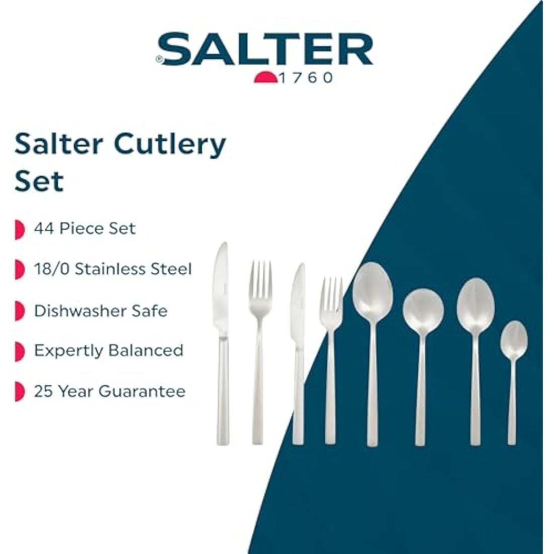 Salter Winslow 44 Piece Cutlery Set – 18/0 Stainless Steel Silverware, Service for 6 People, Includes Knives, Forks, Teaspoons, Soup Spoons, Serving Spoons and Dessert Cutlery, 25 Year Guarantee