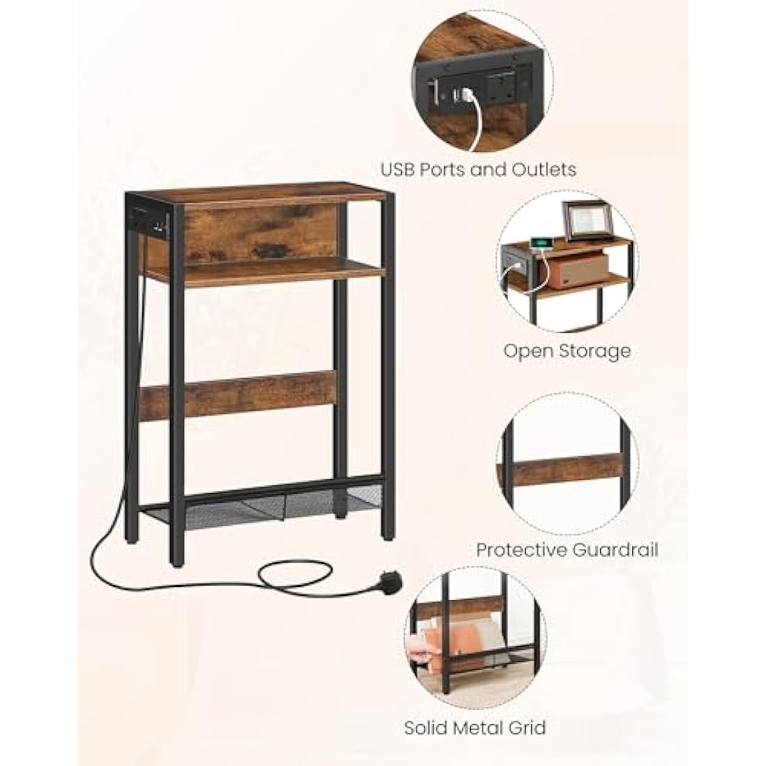 CHOEZON Side Table with Charging Station, Narrow End Table, Slim Nightstand for Small Space, Skinny Beside Table with Storage, for Living Room, Bedroom, Rustic Brown and Black DTBZ05KBF