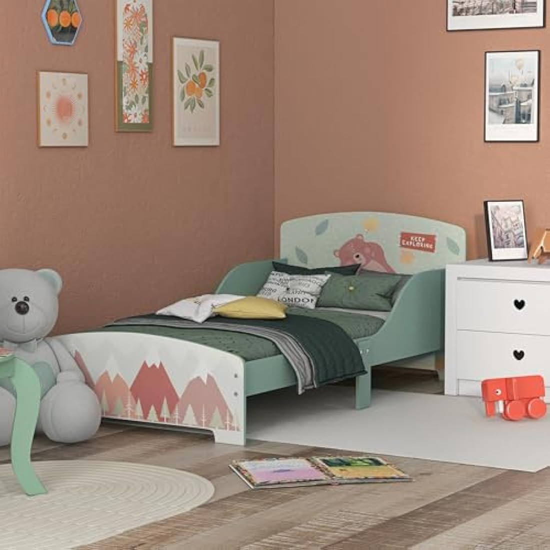 ZONEKIZ Toddler Bed Frame, Kids Bedroom Furniture for Ages 3-6 Years, 77 x 143 x 60cm - Green