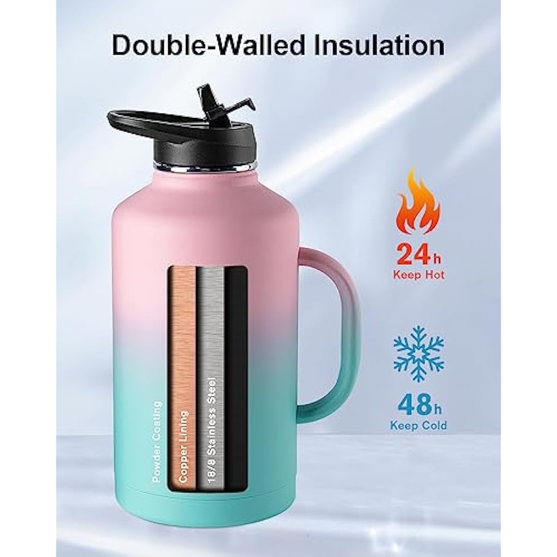 Trebo Insulated Water Bottle 2L, Metal Bottle with Handle Stainless Steel Metal Large Jug Travel Flask with Straw Spout Lid Mug Tumbler Cup with Carry Pouch Keep Cold Hot, Pink