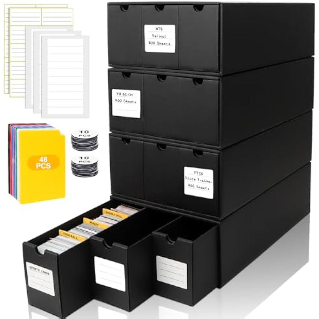 QLOUNI 12000+ Trading Card Storage Box,Card Storage Box with 48 Card Dividers, Labels and Tape,Trading Card Organizer for Collecting TCG,MTG, PTCG, Baseball Cards