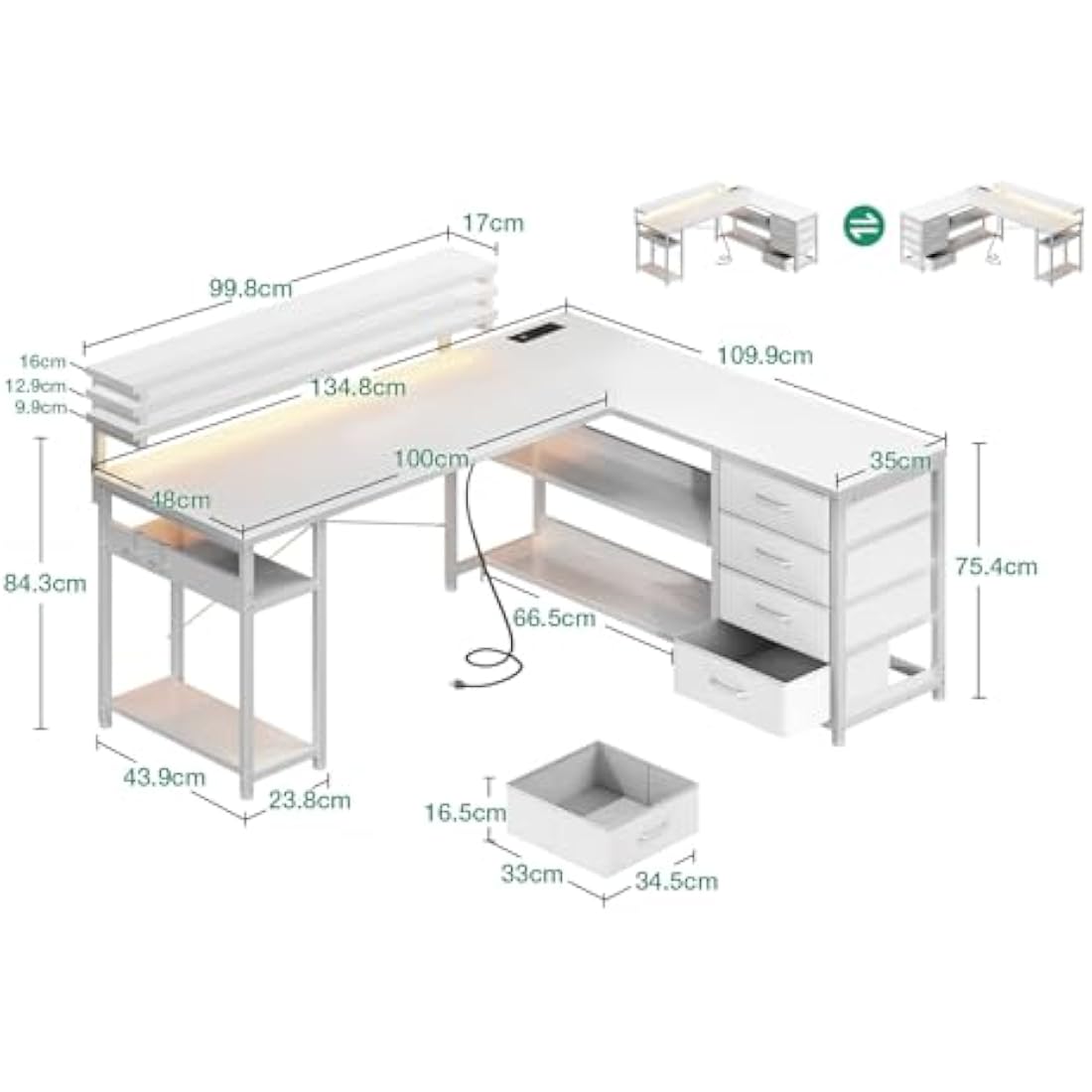 ODK Corner Desk with Drawers, L Shaped Gaming Desk with LED Lights & Power Outlets, Reversible Computer Desks for Home Office Workstation, Office Desks with Monitor Shelf, 135×110 cm, White
