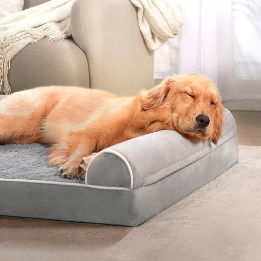 WESTERN HOME Dog Beds Large Washable,Soft Orthopedic Dog Beds with Removable Washable Cover,Extra Large Waterproof with U-Shape Bolster Grey, 91 x 68 x 17 cm
