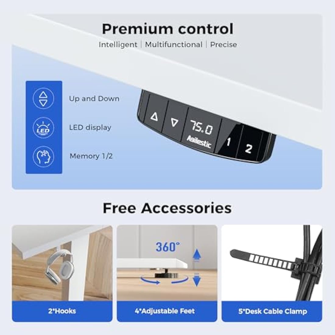 Agilestic Electric Standing Desk, 120 x 60 cm Height Adjustable Sit Stand Desk with Splice Board and Memory Smart Pannel, Home Office Desk, White