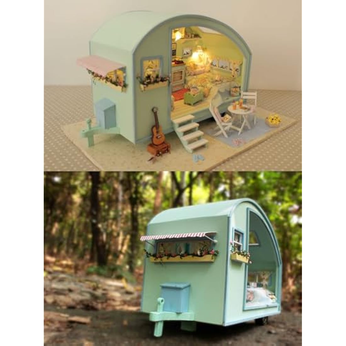 CUTEROOM Miniature Dolls House Kits, Diy Wooden Dolls House Handcraft Miniature House Kit Caravan, Time Travel Model House Kit with Furniture