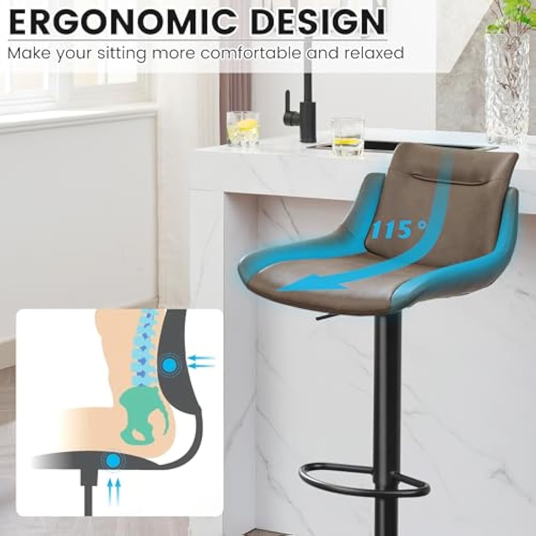 LXRADEO Bar Stools Set of 2 - PU Leather Height Adjustable With Backrest, Modern Swivel Kitchen Stools for Dining Room & Counter, Ergonomic Rotating Chairs With Wide Stable Base, Brown